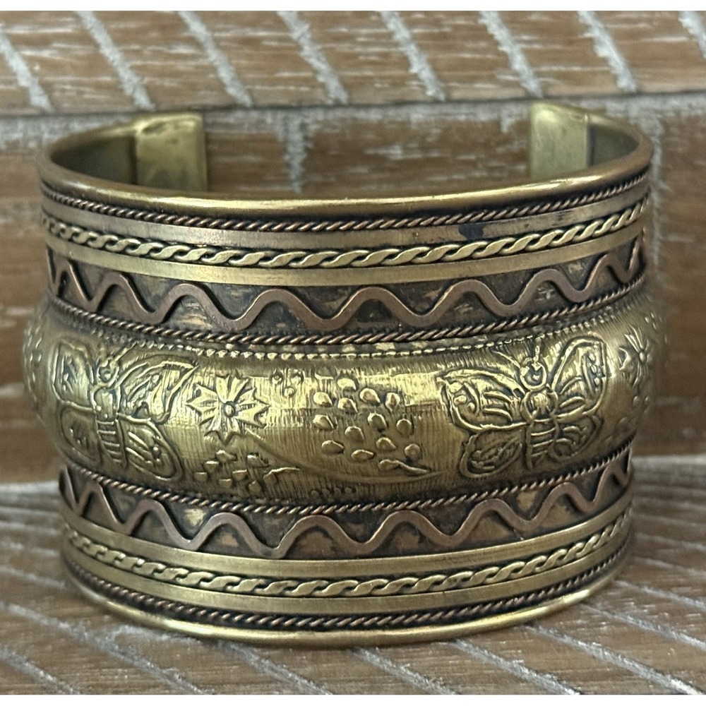 Artesian Wide Brass Copper Cuff Bracelet Butterfly Floral Mixed Metal Boho